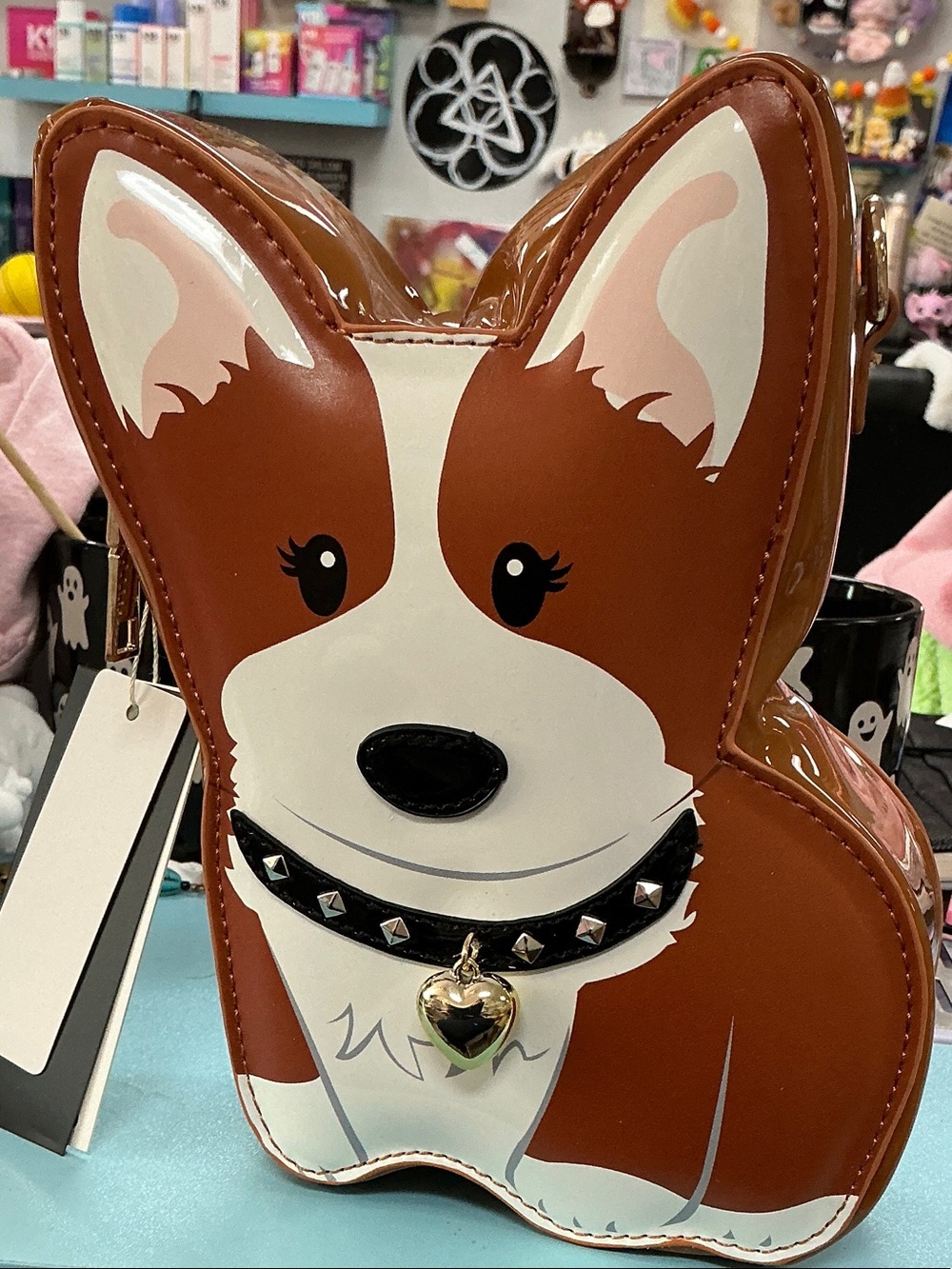 Brown & White Corgi-Shaped Dog Crossbody Bag with Heart Charm